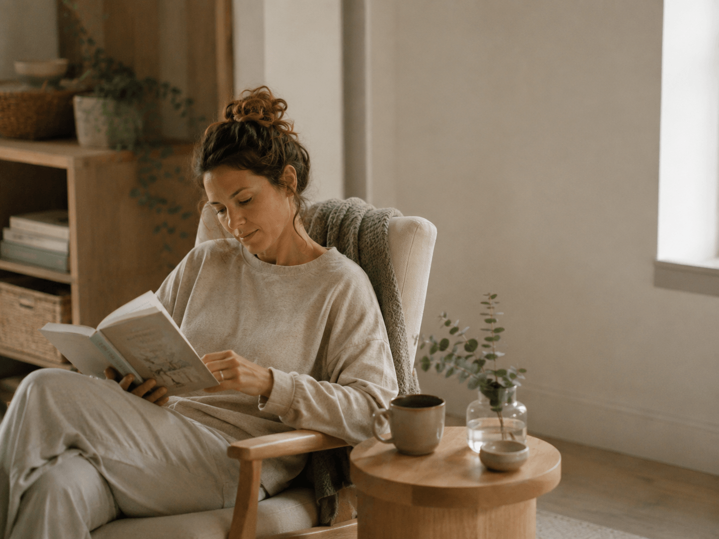A woman reading calmly in a quiet living room